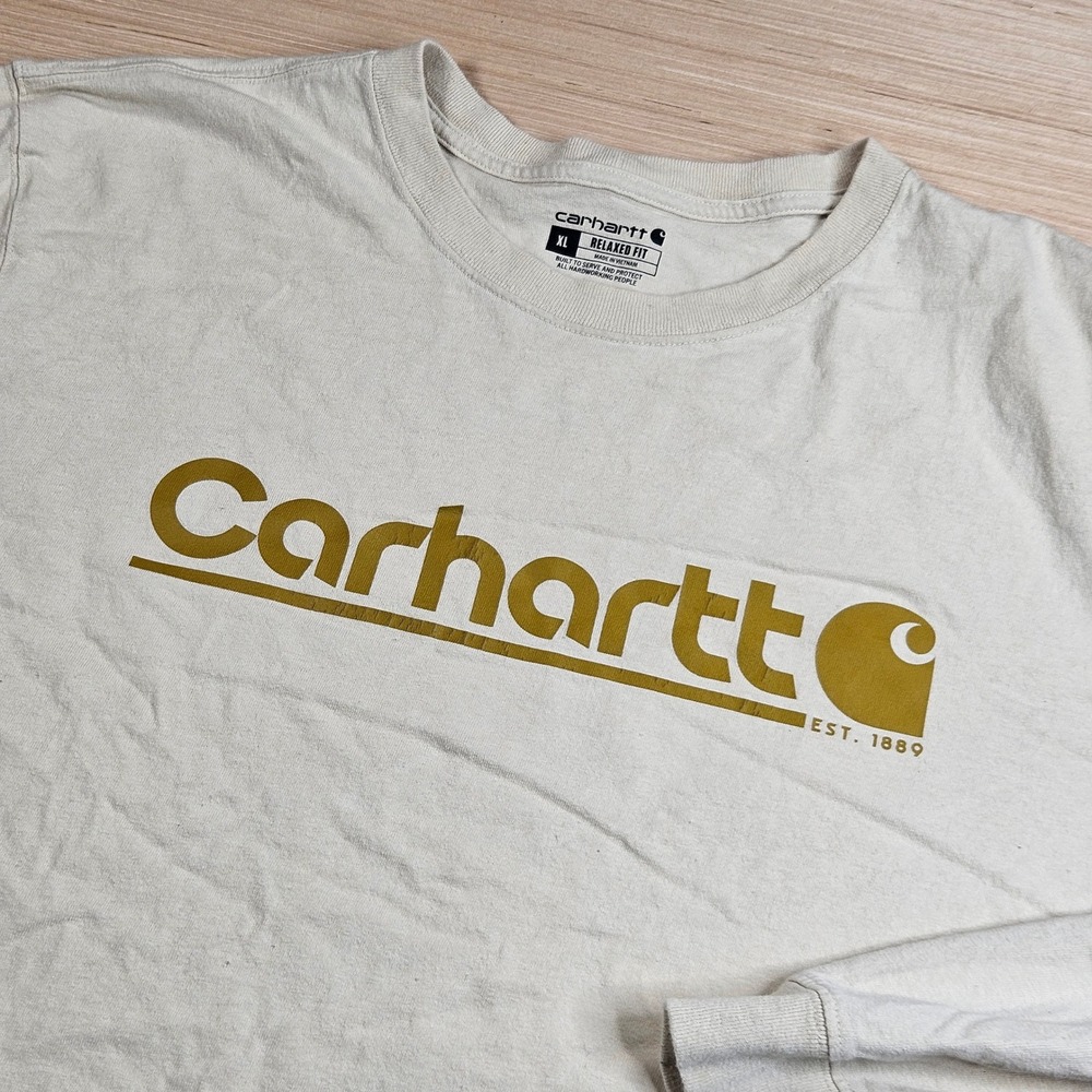 Carhartt Relaxed Fit Long Sleeve Shirt Mens XL Beige Graphic TK6362-M